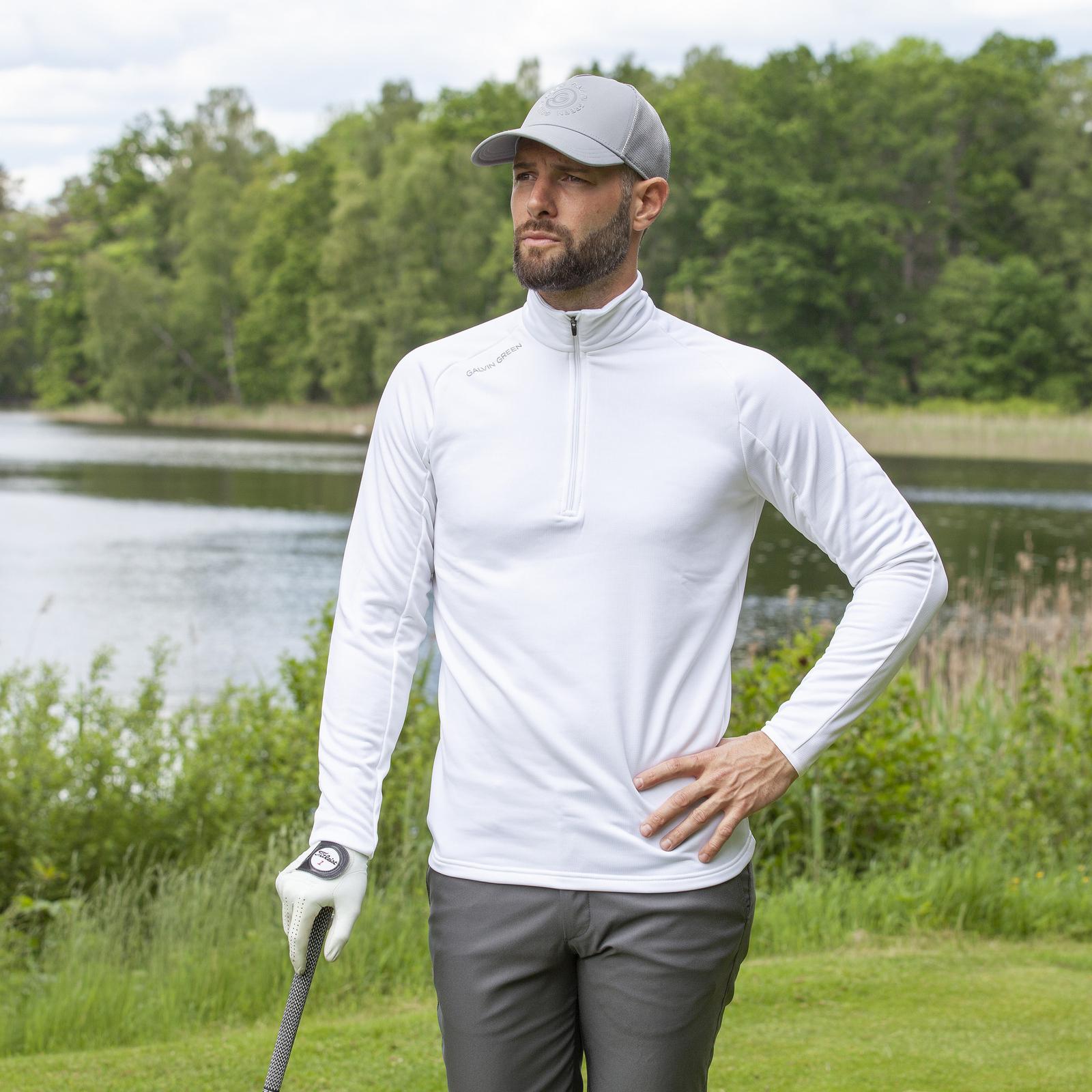 White 'DRAKE' Men's golf half-zip sweater in INSULA™ stretch fabric.
